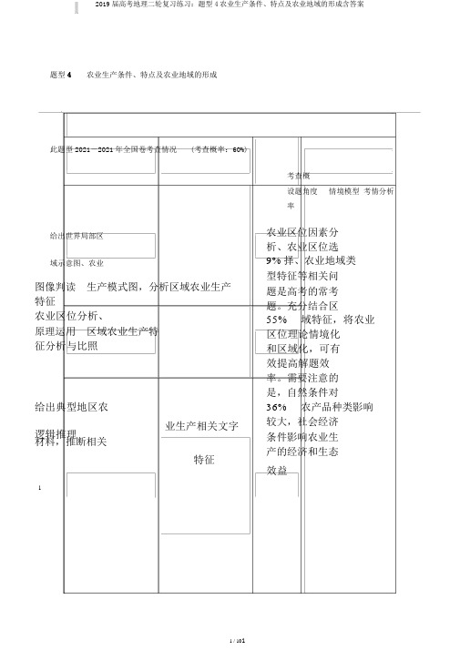 2019届高考地理二轮复习练习：题型4农业生产条件、特点及农业地域的形成含答案