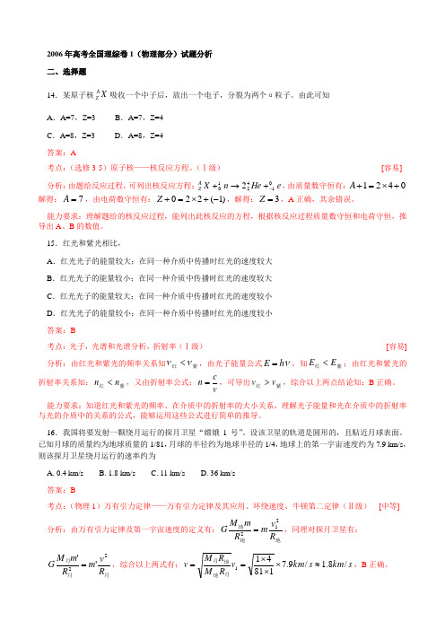 2006年高考全国理综卷1物理部分试题分析