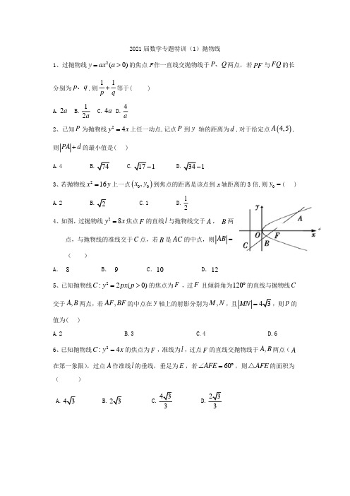河南省郑州市第一中学2019-2020学年高二上学期数学周测试题(专题特训—抛物线)(11.24,pdf版)