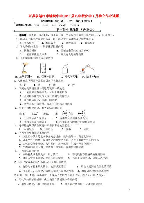 江苏省靖江市靖城中学九年级化学1月独立作业试题