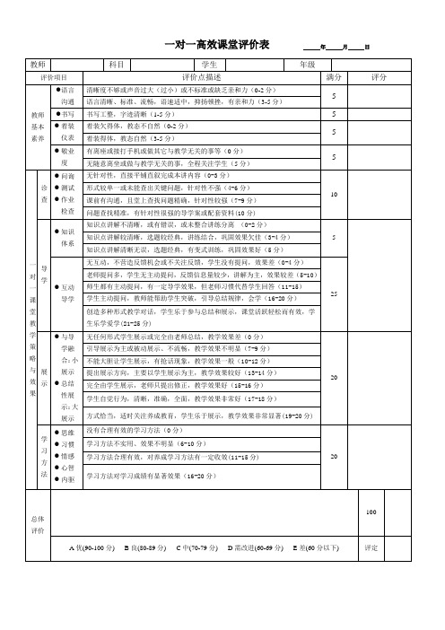 一对一辅导课堂评价表