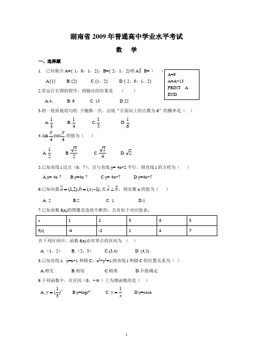 2009-2017年湖南省普通高中学业水平考试数学试卷及答案