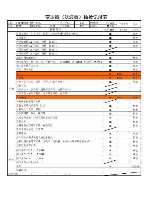 变压器(滤波器)抽检记录