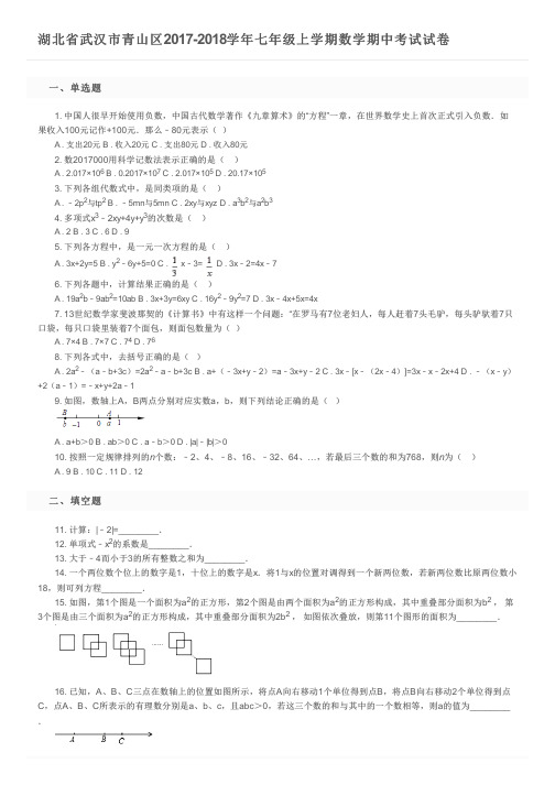 湖北省武汉市青山区2017-2018学年七年级上学期数学期中考试试卷及参考答案