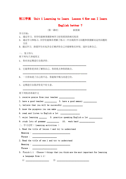 北京市延庆县靳家堡中学九年级英语《Unit1 Lesson 4》学案(无答案) 北师大版