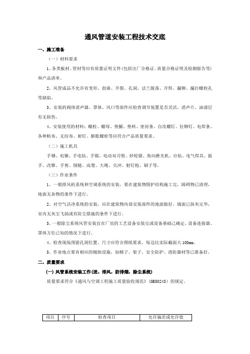通风管道安装技术交底