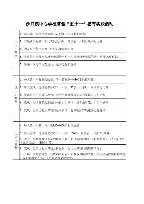中小学学生寒假五个一德育实践活动安排表