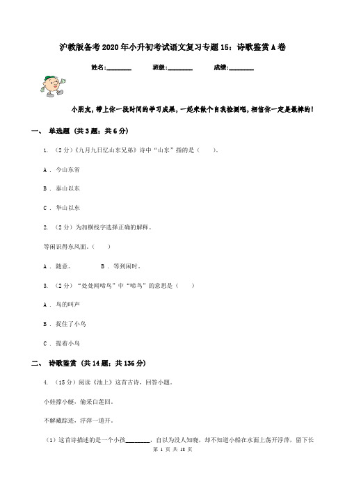 沪教版备考2020年小升初考试语文复习专题15：诗歌鉴赏A卷