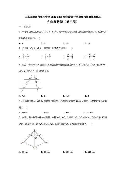 山东省滕州市张汪中学2020-2021学年度第一学期周末拓展提高练习九年级数学(第7周)(无答案)