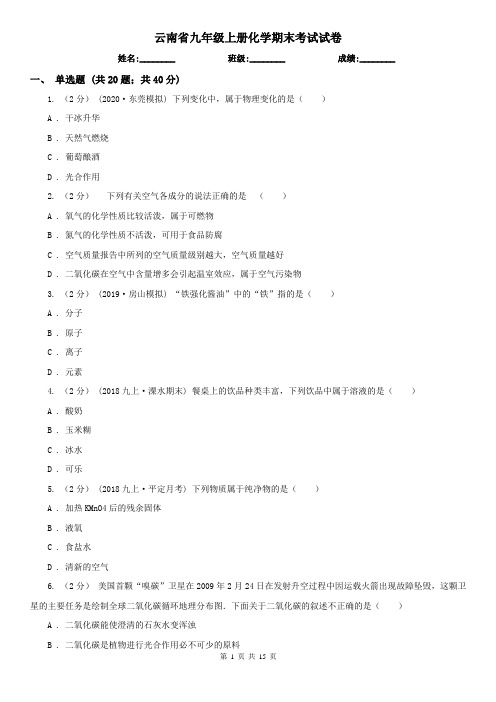 云南省九年级上册化学期末考试试卷