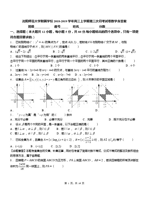沈阳师范大学附属学校2018-2019学年高三上学期第三次月考试卷数学含答案