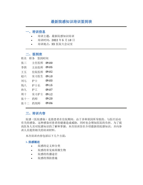 最新院感知识培训签到表