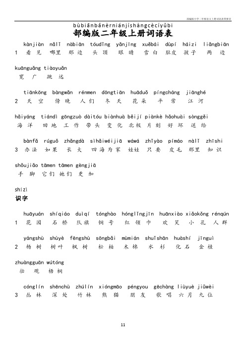 部编版小学二年级语文上册词语表带拼音