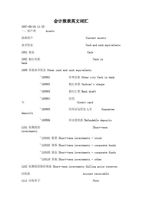 会计报表英文词汇