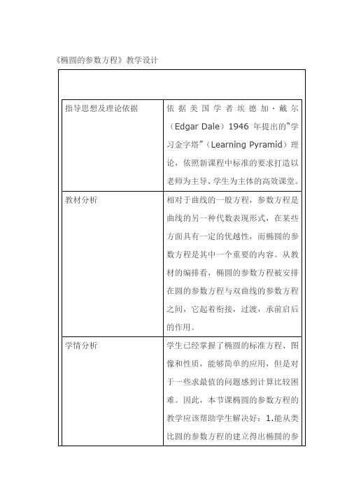 高中数学_椭圆的参数方程教学设计学情分析教材分析课后反思