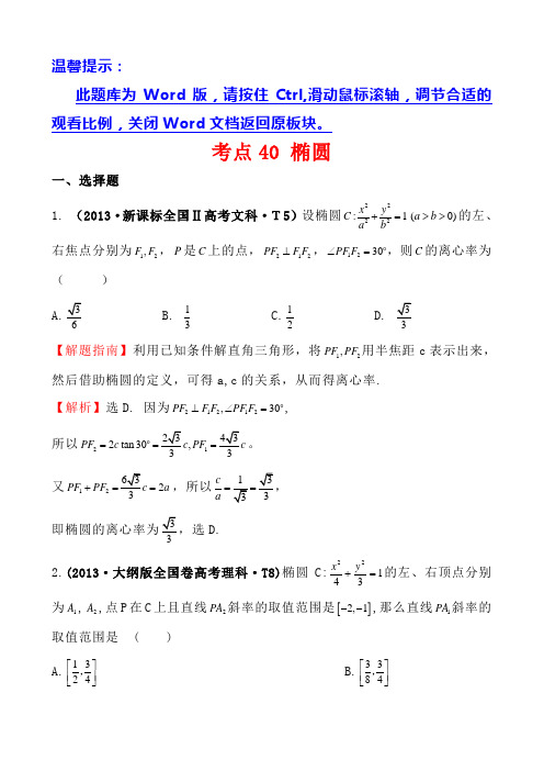2015届高考数学(文、理)新一轮复习考点详细分类题库：考点40 椭圆(含详解,13高考题)]