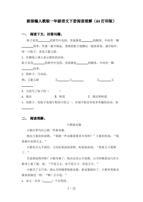 新部编人教版一年级语文下册阅读理解(A4打印版)