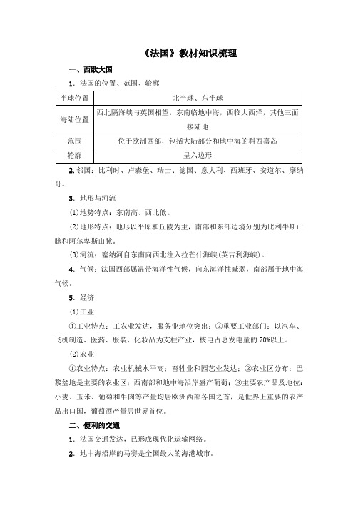 湘教版地理七年级下册8.4《法国》教材知识梳理