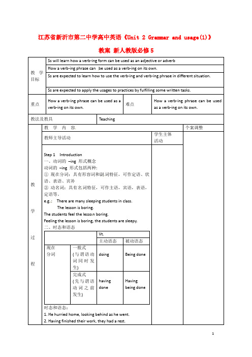 江苏省新沂市第二中学高中英语《Unit 2 Grammar and usage(1)》教案 新人教版必修5