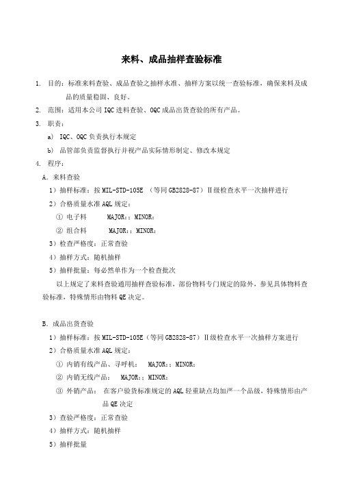 来料成品抽样查验标准