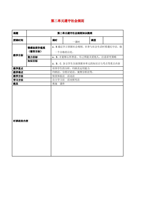 【部编版】中考道德与法治一轮复习八上第二单元：遵守社会规则教案
