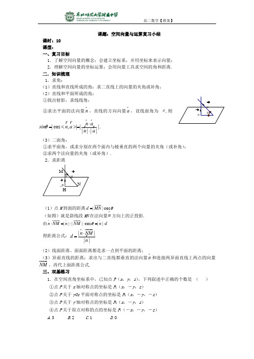 吉林省东北师范大学附属中学2015-2016学年高二理科人教选修2-1【教案】空间向量与运算复习小结