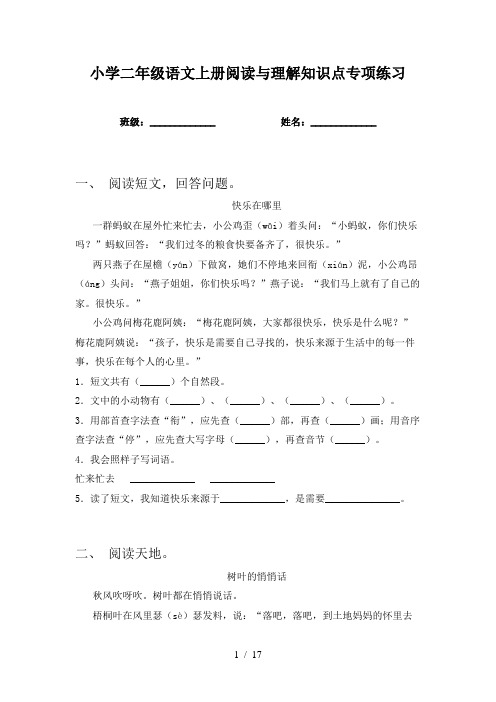 小学二年级语文上册阅读与理解知识点专项练习