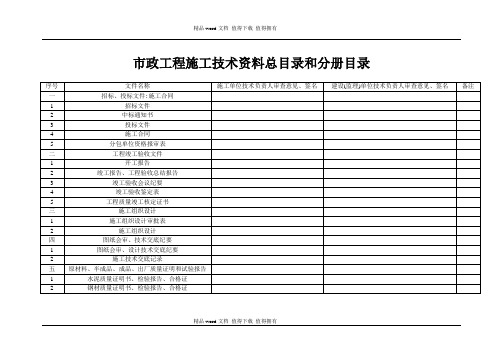 市政工程施工技术资料总目录和分册目录