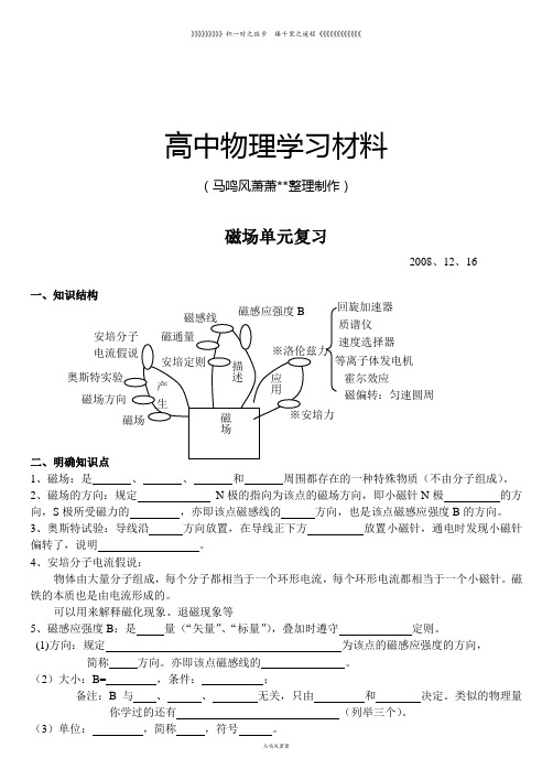 人教版高中物理选修3-1磁场单元复习