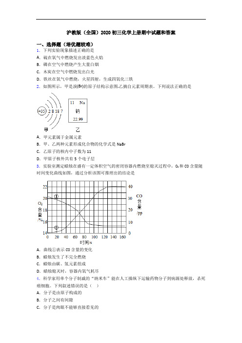 沪教版(全国)2020初三初三化学上册期中试题和答案