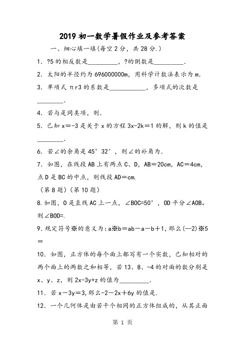初一数学暑假作业及参考答案-word文档资料