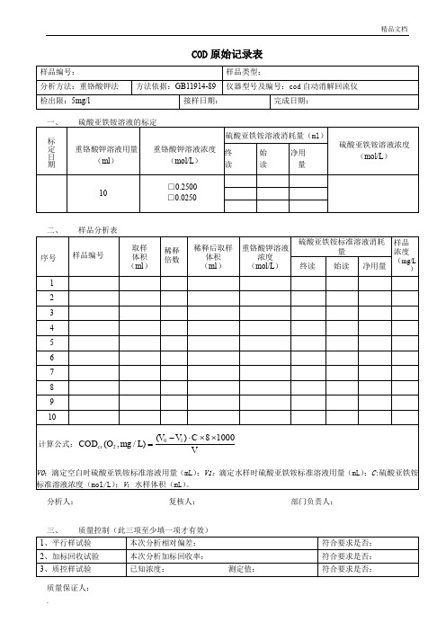 COD原始记录表格