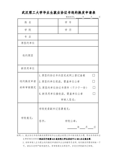 XX大学毕业生就业协议书违约换发申请表【模板】