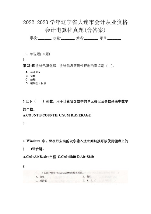 2022-2023学年辽宁省大连市会计从业资格会计电算化真题(含答案)