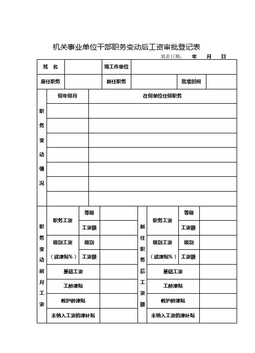 机关事业单位干部职务变动后工资审批登记表