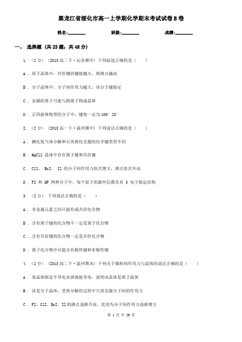 黑龙江省绥化市高一上学期化学期末考试试卷B卷