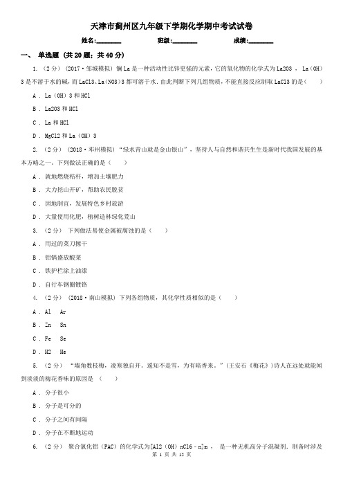 天津市蓟州区九年级下学期化学期中考试试卷