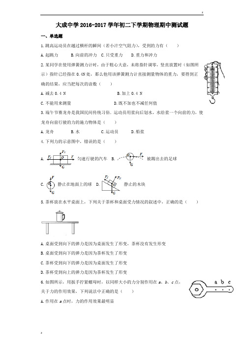 广东省湛江市大成中学2016-2017学年初二下学期物理期中测试题