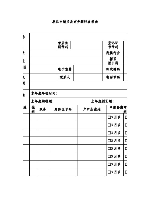 单位申请多次商务签注备案表