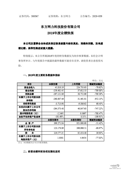 东方网力：2019年度业绩快报
