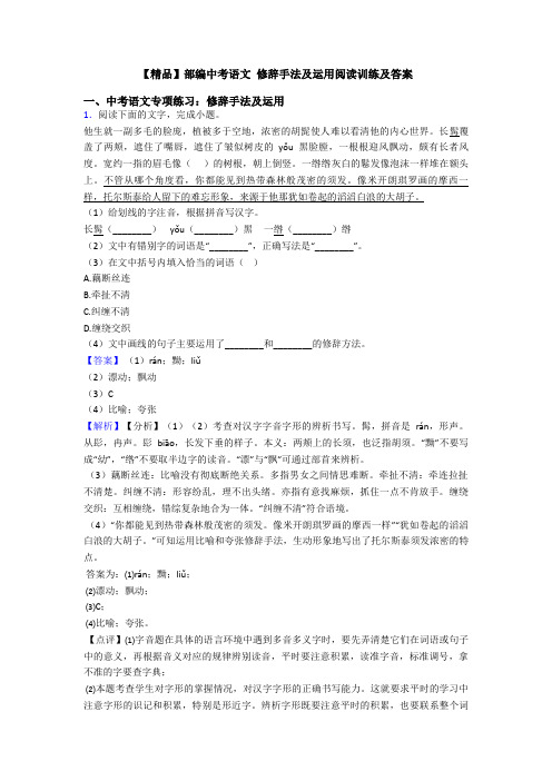 【精品】部编中考语文 修辞手法及运用阅读训练及答案