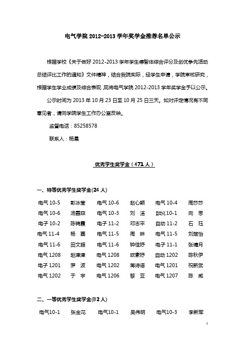 2012-2013学年电气学院奖学金推荐名单公示