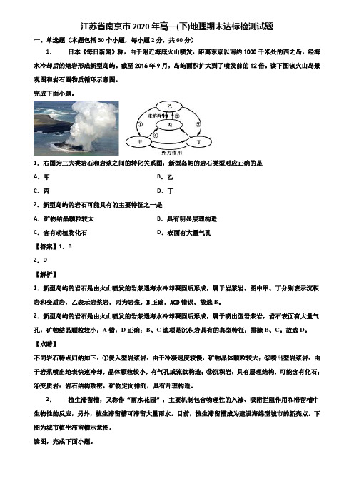 江苏省南京市2020年高一(下)地理期末达标检测试题含解析