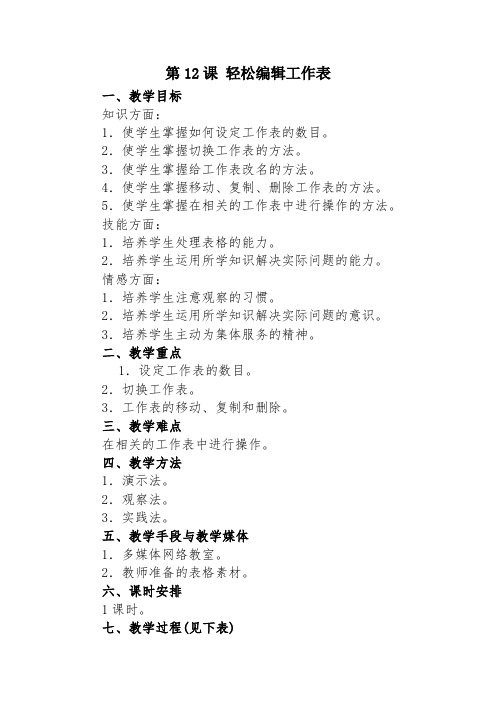 五年级下册信息技术教案-12.轻松编辑工作表｜人教版(2015) 