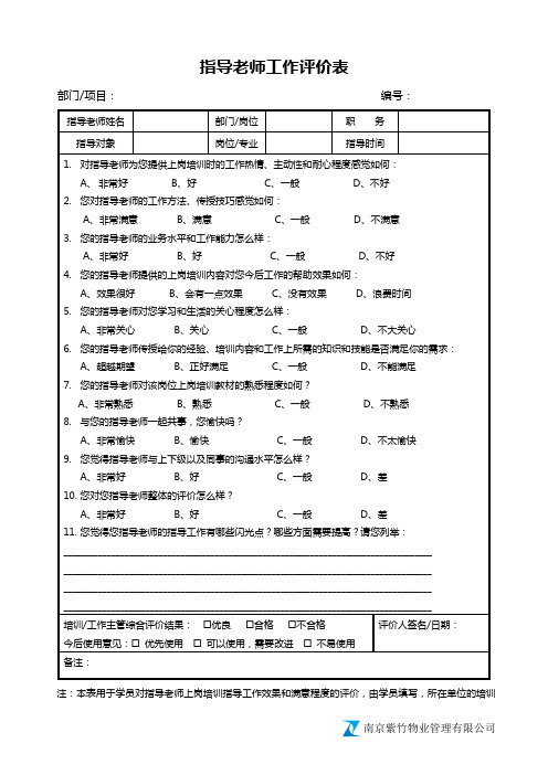 指导老师工作评价表