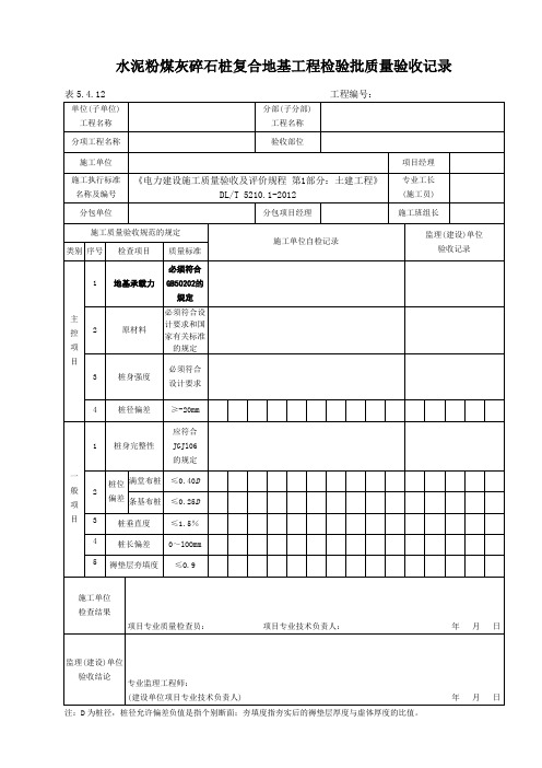 表5.4.12水泥粉煤灰碎石桩复合地基工程检验批质量验收记录