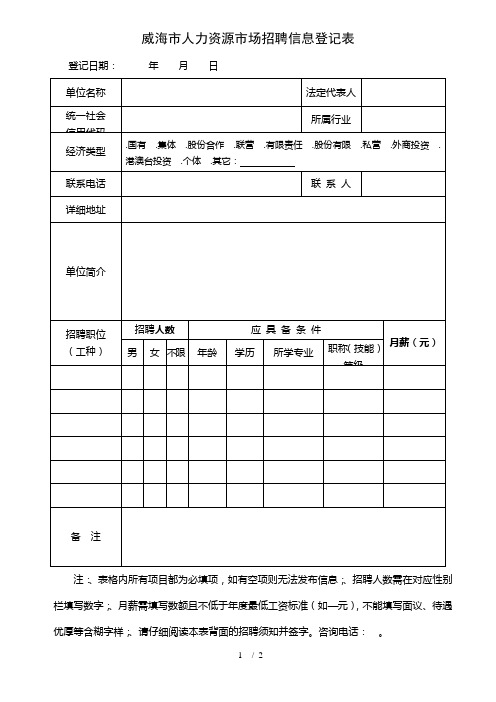 威海市人力资源市场招聘信息登记表