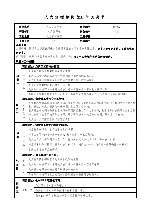 劳动关系专员岗位说明书