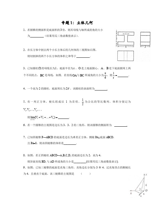 上海中学高中数学校本作业(平行班专用)专题1立体几何(无答案)