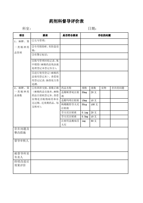 药剂科麻精药品督导评价表